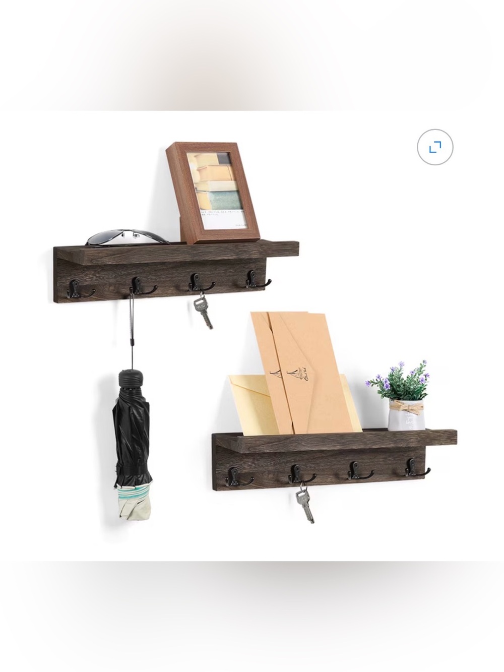 Coat Rack with Shelf, Set of 2 Wall Mounted Coat Hook with 4 Dual-Hooks, Brown
